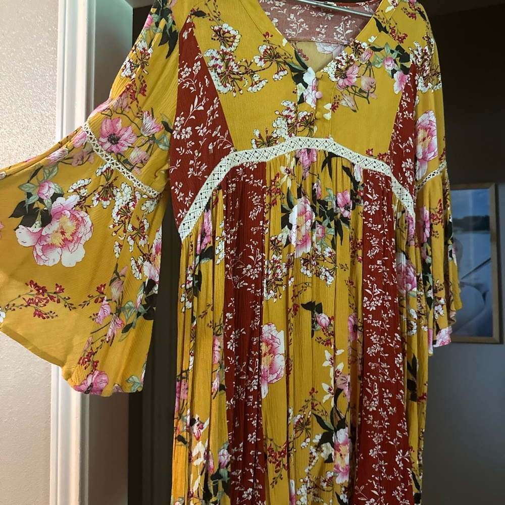 Umgee Floral Yellow and Red Dress
